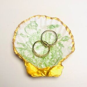 Handmade scallop shell ring dish mini with green floral rose decoupage design